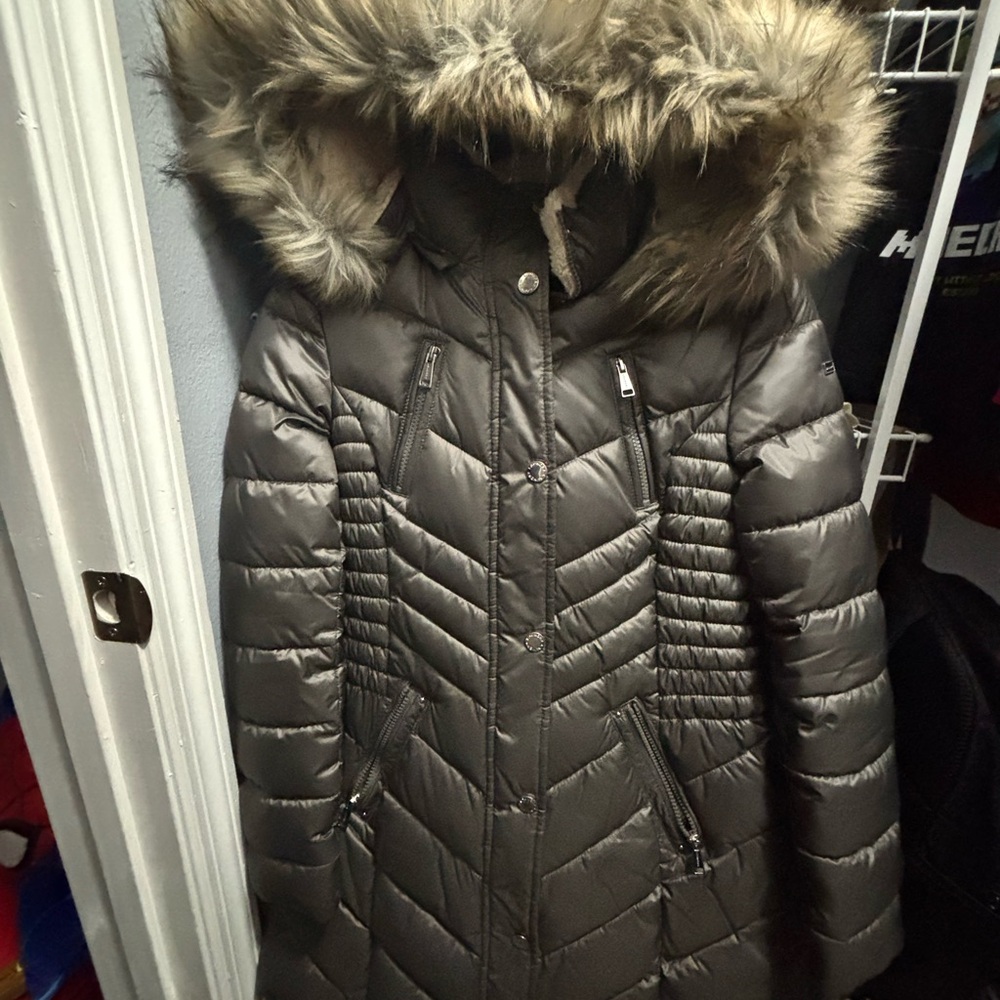 Laundry By Shelli Segal Shiny Brown Puffer Jacket with Faux Fur Trim